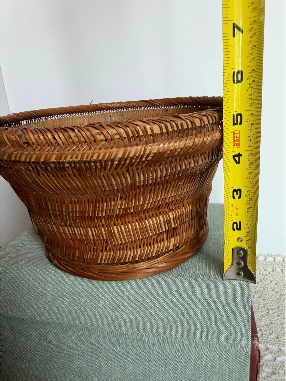 Vintage Chinese Handwoven Bamboo Rattan Basket Kagome Weave Mid Century Decor
